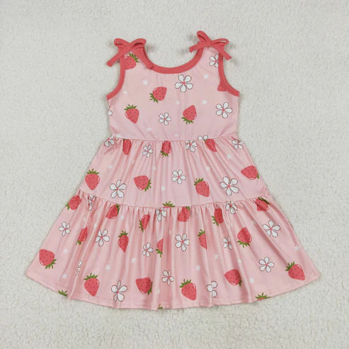 5.5  GSD2159 Baby Girls Strawberry Sleeveless Bows Knee Length Dress