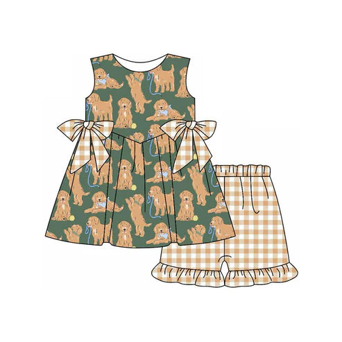 3.31  GSSO2449 Baby Girls Green Sleeveless Dogs Bows Tunic Khaki Plaid Ruffle Short Set Preorder