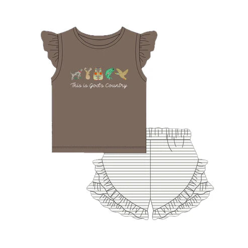 3.20 GSSO2353 Baby Girls Brown Flutter Sleeves Gods Country Top Ruffle Stripe Short Set preorder