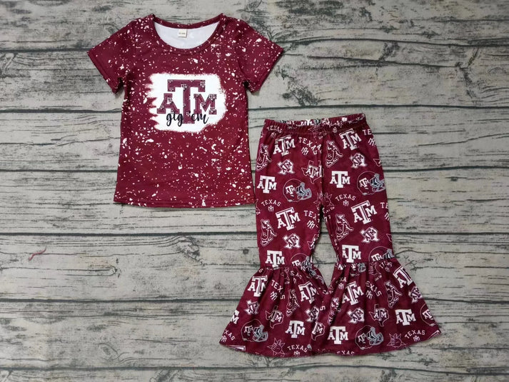 8.21   Custom MOQ 5 Baby Girls ATM Dark Red Team Short Sleeve Tee Shirt Bell Pants Clothes Sets