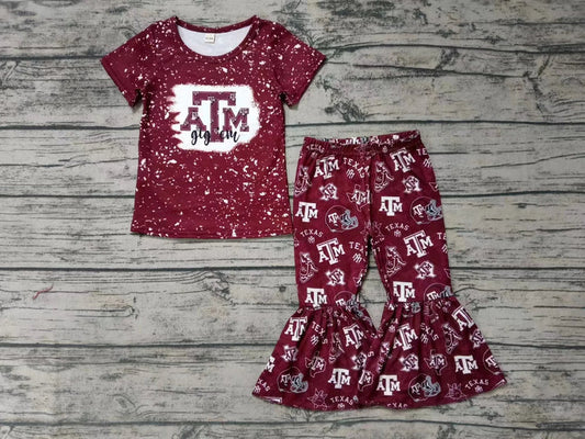8.21   Custom MOQ 5 Baby Girls ATM Dark Red Team Short Sleeve Tee Shirt Bell Pants Clothes Sets
