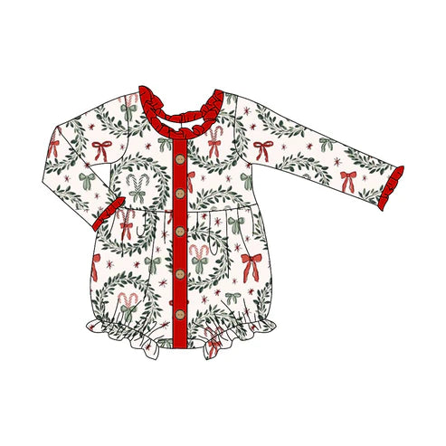 6.13 LR2252 Baby Girls Long Sleeves Red Green Bows Button Ruffle Rompers Preorder