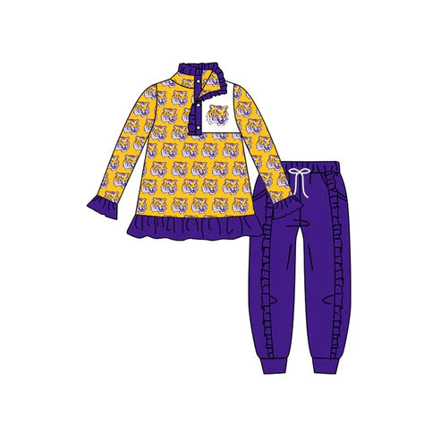8.1 Custom Moq 5 Baby Girls Yellow LSU Tigers Team Long Sleeve Top Ruffle Pants Clothes Sets