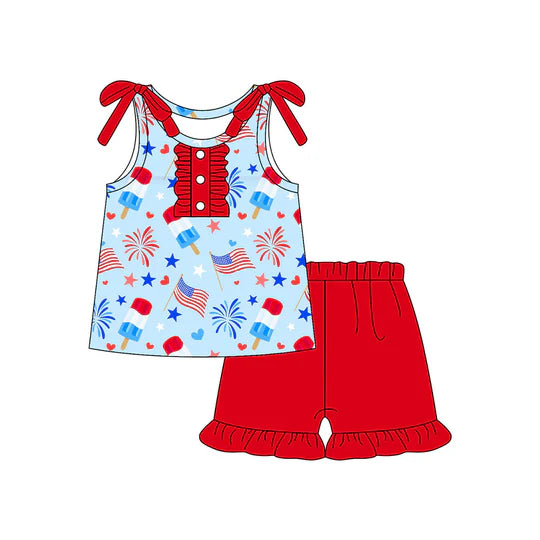 12.20 MOQ：5pcs GSSO3047 pre-order baby girl clothes flag print toddler girl 4th of July summer outfit