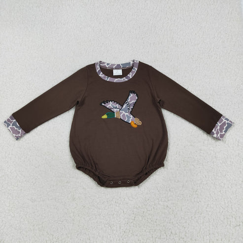8.13 LR2310 Embroidery Baby Boys Brown Long Sleeves Camo Duck Western Romper