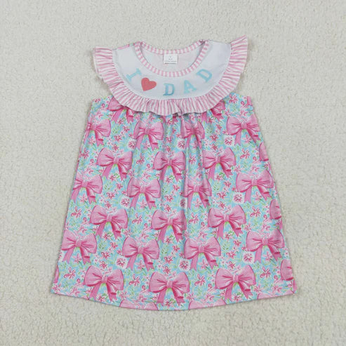 5.17 GSD2534 Embroidered Baby Girls Pink Flutter Sleeves I Love Dad Floral Bows Knee Length Dress