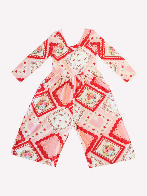 10.20 LR2751 Baby Girls Red Hearts Flowers Checked Valentine Pant Jumpsuits Preorder