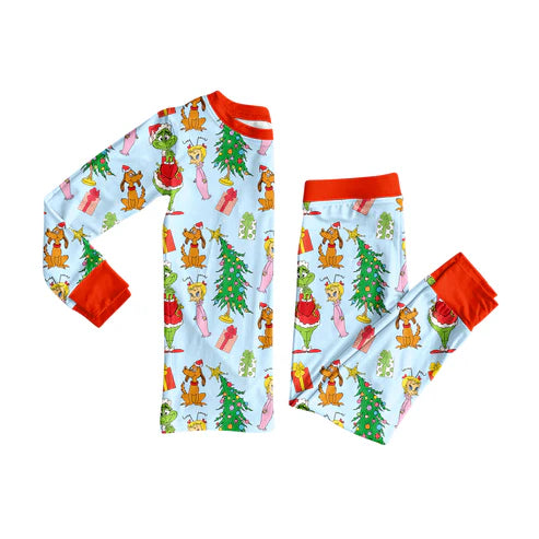 7.26 BLP1189 Baby Boys Long Sleeves Christmas Trees Cartoon Face Top Pant Pajamas Set Preorder