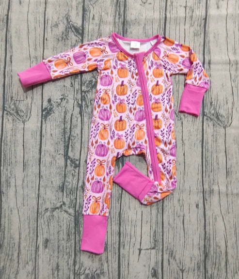6.6  LR2270 Baby Girls Long Sleeves Hot Pink Floral Pumpkins Zipper Rompers Preorder