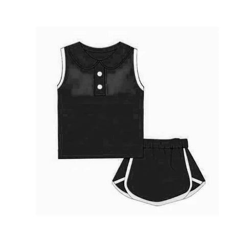 3.17 GSD2165Baby Girls Black Sleeveless Button Vest Top Shorts Cotton Clothes Sets preorder