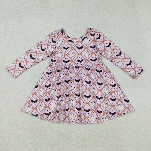 9.6 GLD1232 Baby Girls Pink Long Sleeves Bows Bats Ghosts Plaid Knee Length Dress