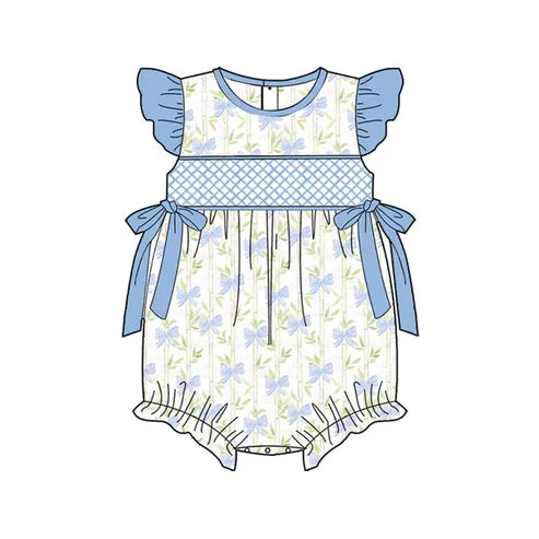 3.22 SR2924 Baby Infant Girls Blue Flutter Sleeves Bamboo Bows Top Ruffle Rompers Preorder