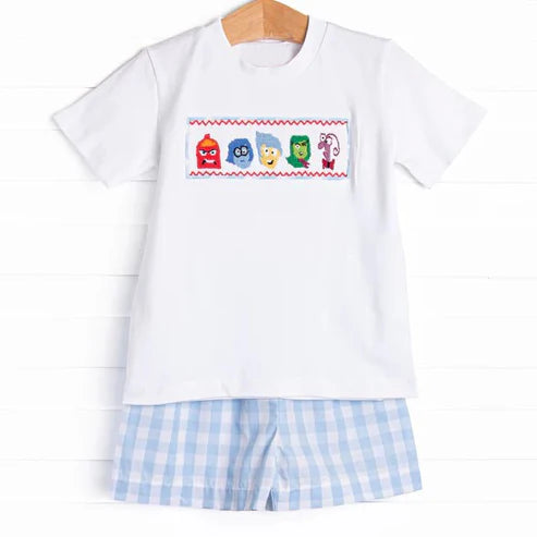4.24  BSSO1516 Baby Boys Short Sleeves Cartoon Dolls Top Blue Plaid Short Set Preorder