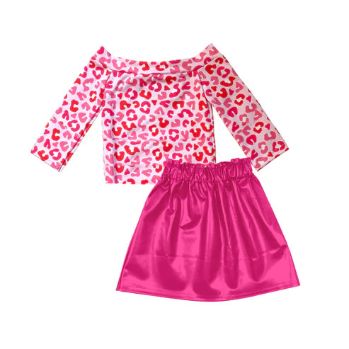 5.30 GLD0925 Baby Girls Valentines Pink Leopard Top Leather Skirts Clothes Sets Preorder