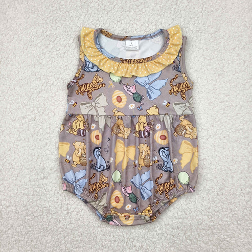 4.19 SR2963 Baby Infant Girls Gray Sleeveless Cartoon Pigs Tigers Ruffle Romper