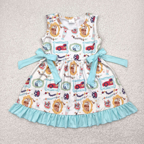 4.29 GSD2061 Baby Girls Car Racing Bows Knee Length Dress