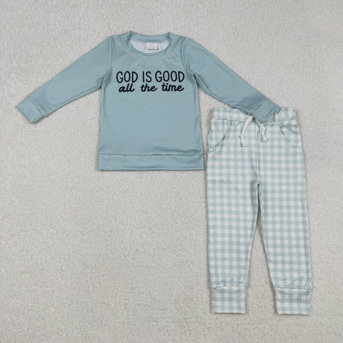 12.8 BLP1345 Baby Boys God Is Good Top Checked Pockets Jogger Pants Clothes Set