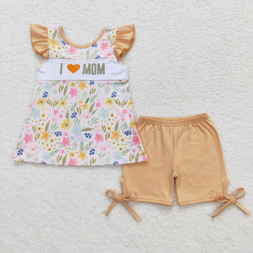 6.17 GSSO0696I love mom Embroidered floral floral bow flying sleeve shorts set