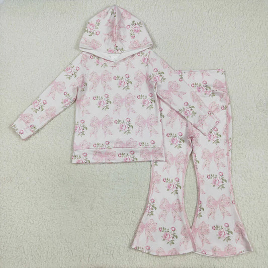 8.15 GT1058+P0768 Baby Girls Pink Bows Floral Hooded Top Bell Pants Clothes Set