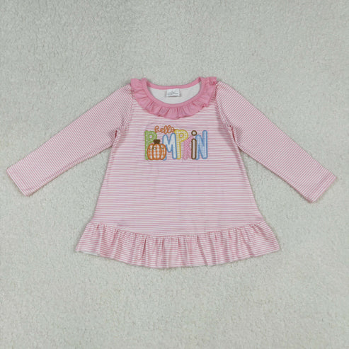 10.1  GT1183 Embroidery Pumpkins Baby Girls Pink Stripe Fall Tee Shirts Top