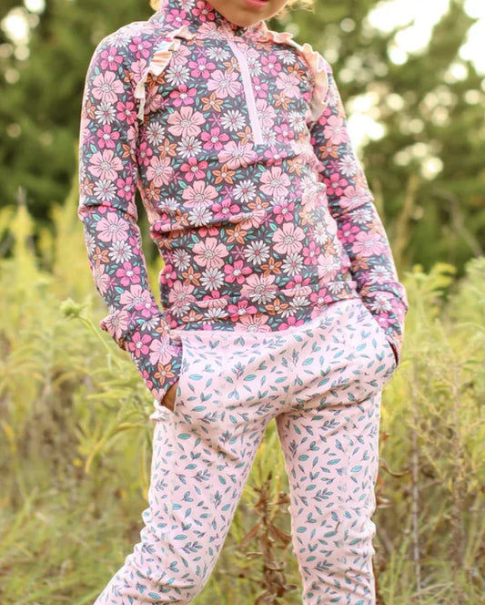 8.27 GLP2735 Baby Girls Pink Flowers Zipper Pullover Pockets Pant Yoga Active Set