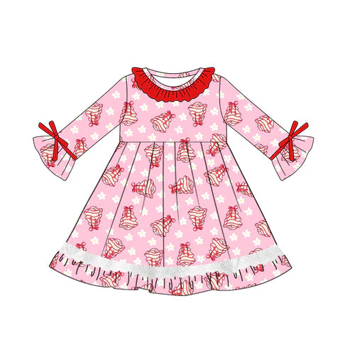 5.20 GLD1050 Baby Girls Long Ruffle Sleeves Pink Flowers Trees Knee Length Dresses Preorder