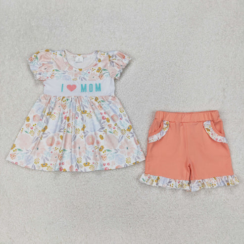 4.2 GSSO2408 Baby Girls Short Ruffle Sleeves I LOVE MOM Floral Tunic Orange Ruffle Pockets Short Set