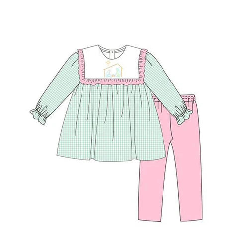 6.7 GLP2410 Baby Girls Blue Plaid Long Ruffle Sleeves Jesus Tunic Pink Legging Pant Set Preorder