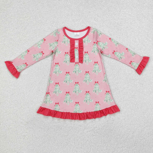 GLD0636 Baby Girls Christmas Tree Pink Long Sleeve Knee Length Dress