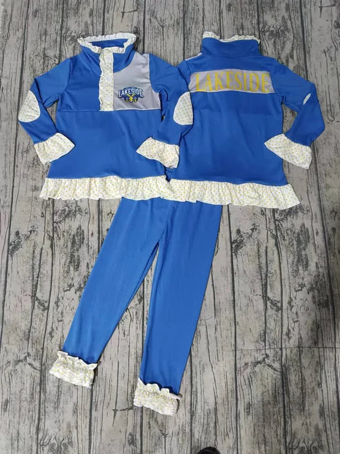 10.13 Custom Moq 8 Baby Girls Lakeside Team Pullovers Shirts Top Ruffle Pants Clothes Sets