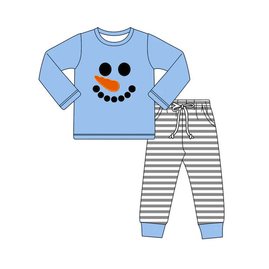 8.23 BLP1231 Baby Boys Blue Snowmen Top Stripe Pockets Pant Christmas Set Preorder