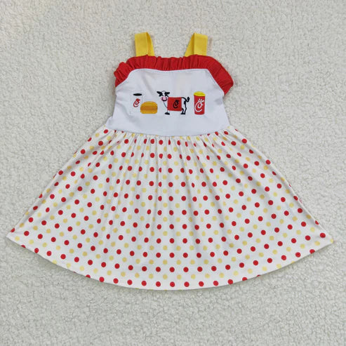 7.28 GSD0203 Girls Embroidered Cow Burger Tank Top Polka Dot Dress