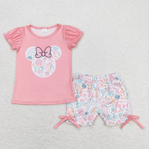 6.17 GSSO0699 Girls cartoon flower pink short sleeve shorts set