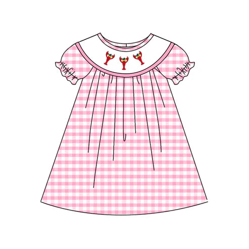 10.2 GSD2853 Baby Girls Pink Checked Mardigras Crayfishes Knee Length Dresses Preorder