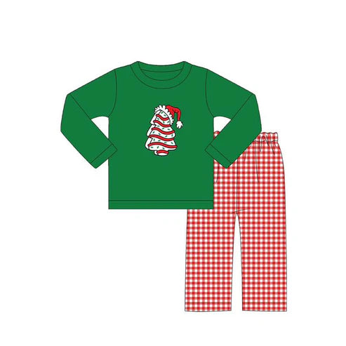 6.7 BLP1082 Baby Boys Green Long Sleeves Trees Hat Top Red Plaid Flame Pant Set Preorder