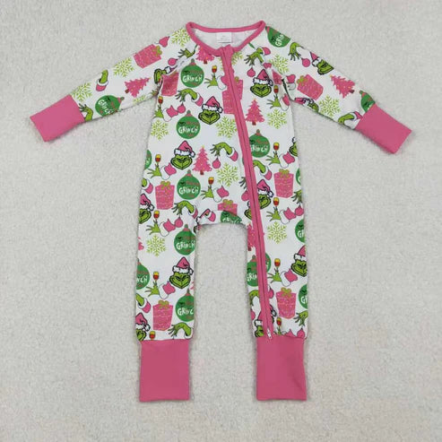 11.1  Sibling Baby Girls Green Faces Trees Lights Christmas Ruffle Knee Length Dress Pajamas Sets Footie Rompers