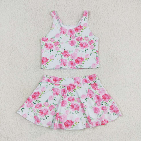 GSD0994 Baby Girls Summer Pink Flowers Top Skirts Active Wear Clothes Set