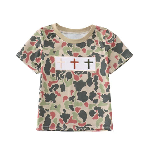 10.22 BT1395 Baby Boys Green Red Camo Crosses Short Sleeve Easter Tee Shirts Top