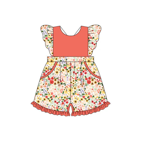 4.3 SR3012 Baby Girls Flutter Sleeves Orange Flowers Pockets Jumpsuits Preorder