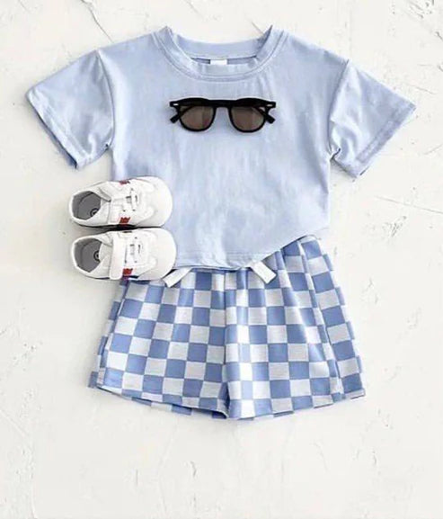 4.15  BSSO1469 Baby Boys Blue Short Sleeves Top Plaid Short Set Preorder