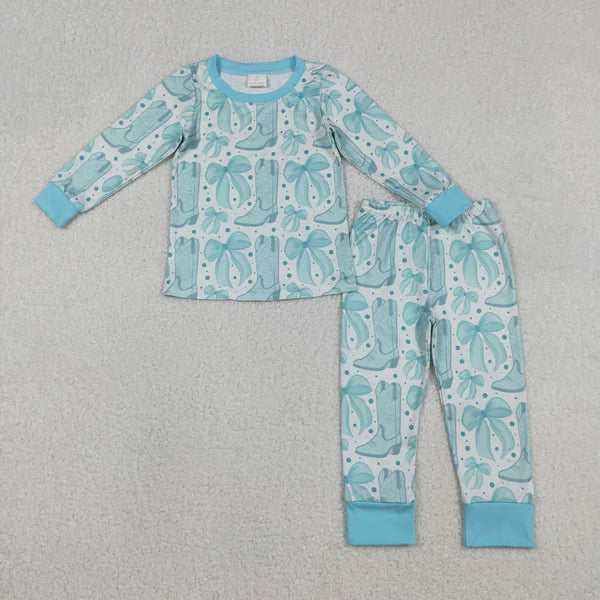 12.13 GLP2732 Baby Girls Light Blue Bows Boots Top Pant Western Pajamas Set