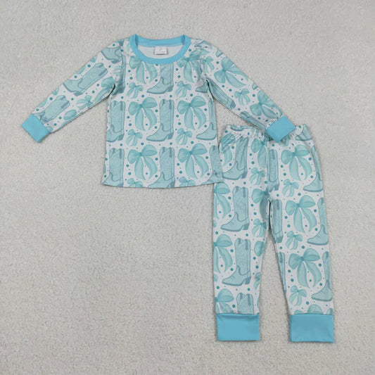 12.13 GLP2732 Baby Girls Light Blue Bows Boots Top Pant Western Pajamas Set