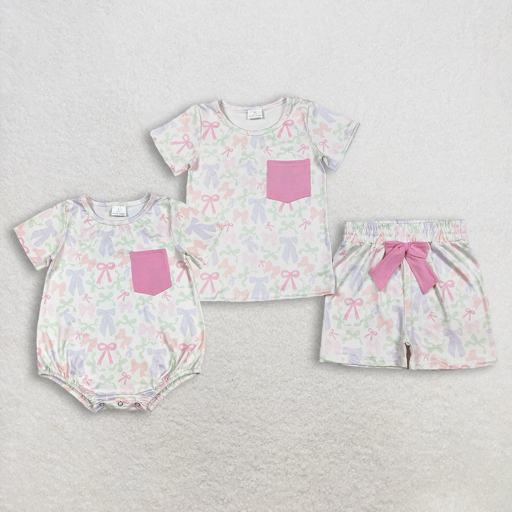 Sibling Baby girls clothes bow short sleeve shorts sets and Rompers