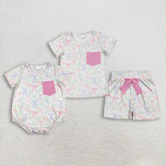 Sibling Baby girls clothes bow short sleeve shorts sets and Rompers