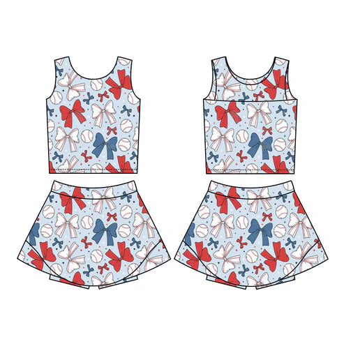 GSD2151 Baby Girls 4th Of July Bows Baseball Yoga Vest Skirt Active Wear Sets Preorder