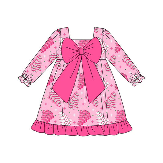 8.26 GLD1276 Baby Girls Pink Christmas Trees Stars Bows Ruffle Knee Length Dresses Preorder