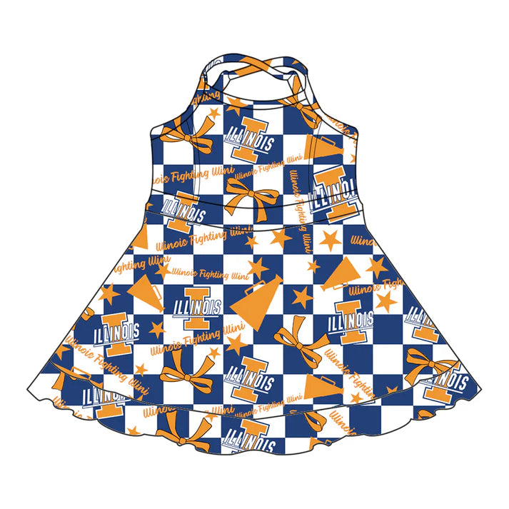 7.8 Custom Moq 3 Baby Girls Strap lllinois Bows Plaid Short Ruffle Team Knee Length Dresses