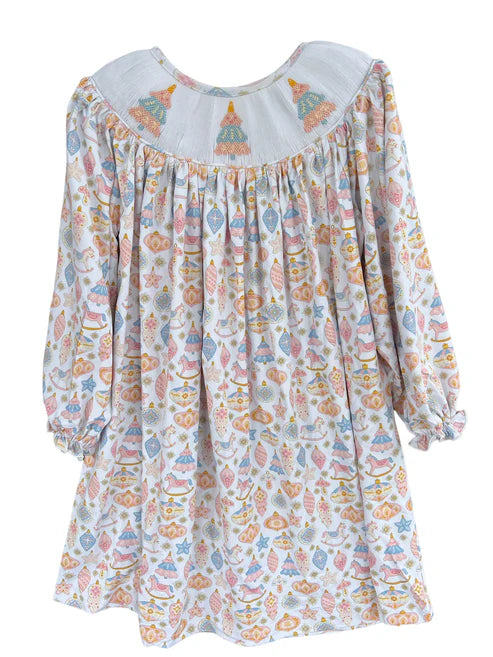 3.29 GLD1030 Baby Girls Long Ruffle Sleeves Sea World Trees Smocked Knee Length Dresses Preorder