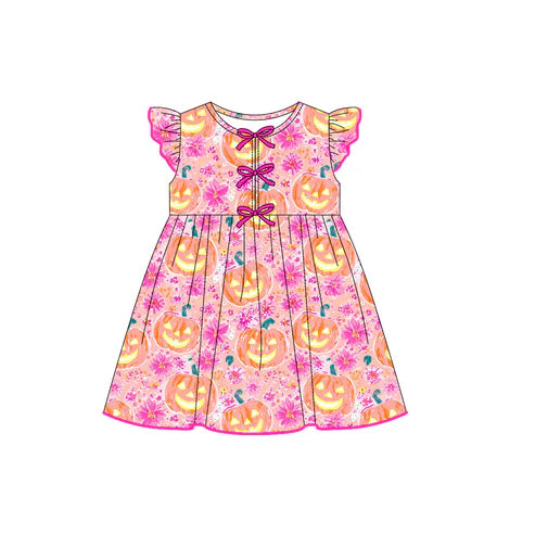 7.29 GSD2770 Baby Girls Pink Flutter Sleeves Floral Ghost Pumpkins Knee Length Dresses Preorder
