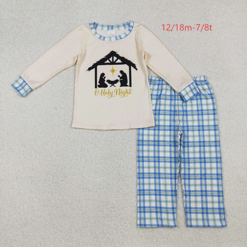 10.10 BLP1100 Baby Boys Long Sleeves Jesus Nativity Top Blue Plaid Pant Set